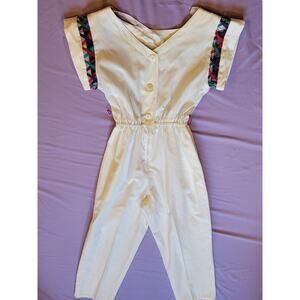 VNTG 80s ACT I New York White Jumpsuit Braided Rainbow Trim Cotton Romper Sz S